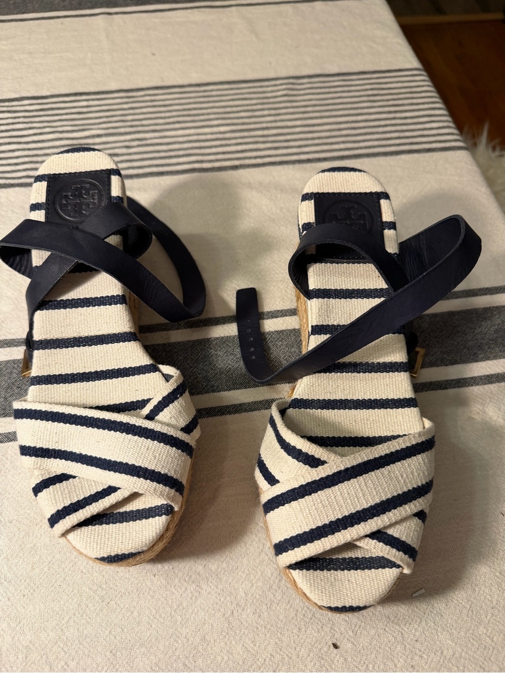Tory Burch Navy and White Striped Espadrille Wedge Sandals size 7 women’s